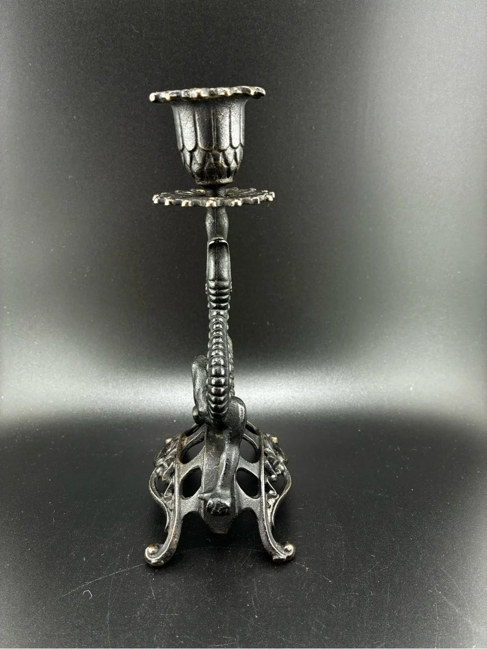 Vintage cast iron Dragon Candle Holder - Black